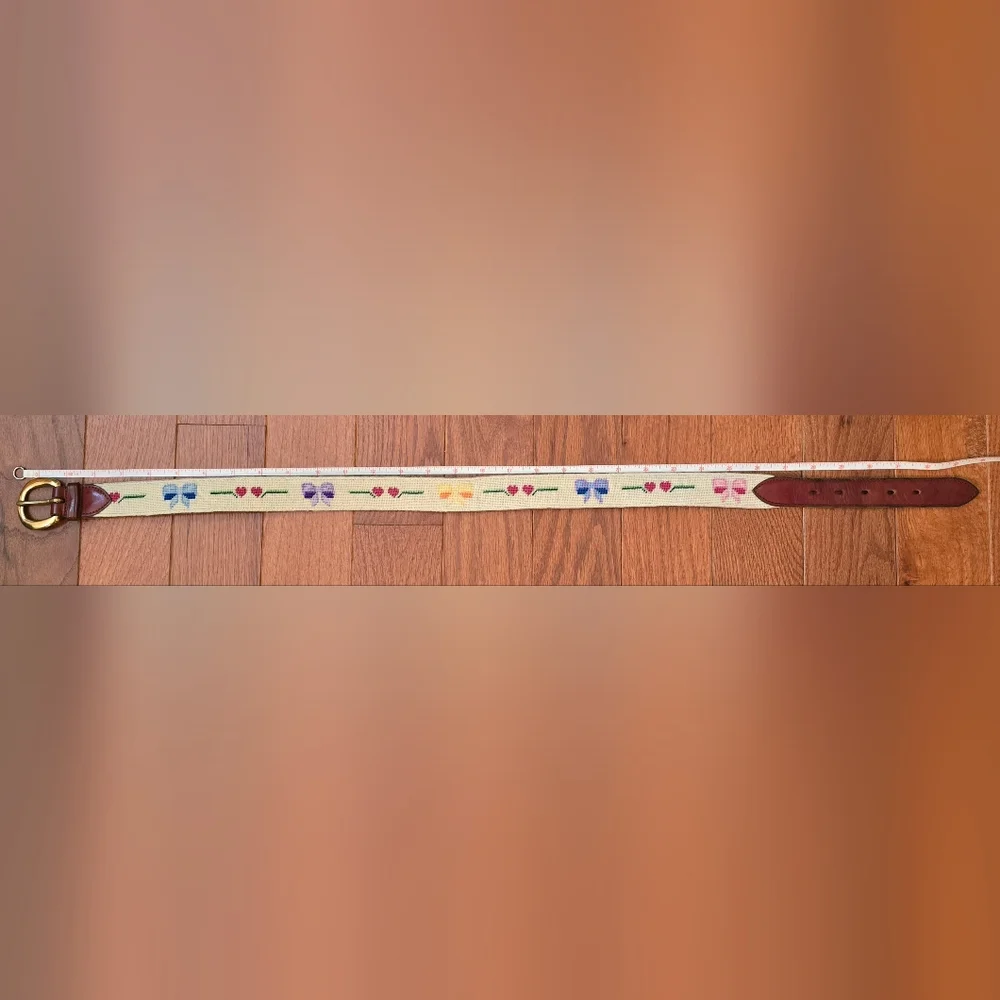 Vintage Bows & Hearts Handmade Needlepoint Leather Belt